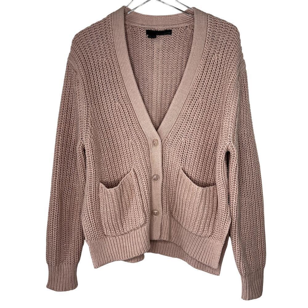 360 Sweater Chunky Knit Cardigan Button V-Neck Blush Pink Navy Stripe on Sleeves